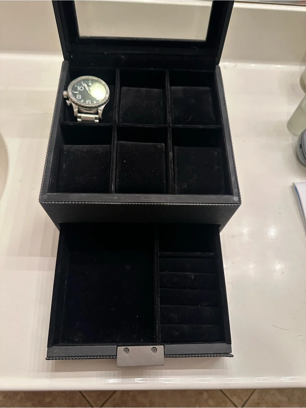 Black Watch Jewelry Organizer with Glass Top - Classic Home Storage